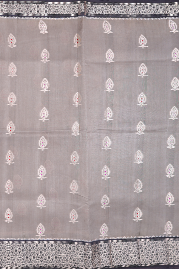 Raw Silk Saree In Brownish Grey With Floral Buttas