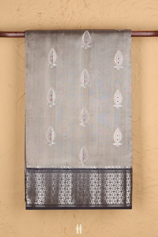 Raw Silk Saree In Brownish Grey With Floral Buttas