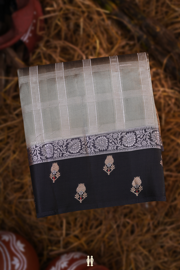 Raw Silk Saree In Cement Grey With Allover Checked Design