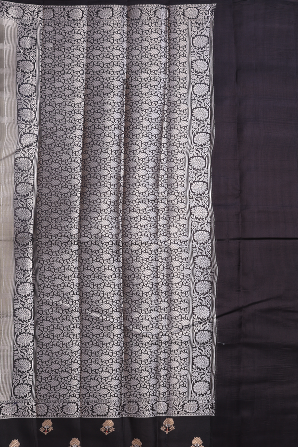 Raw Silk Saree In Cement Grey With Allover Checked Design