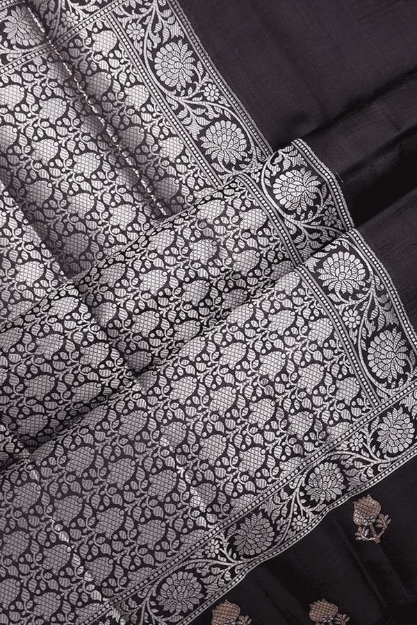 Raw Silk Saree In Cement Grey With Allover Checked Design