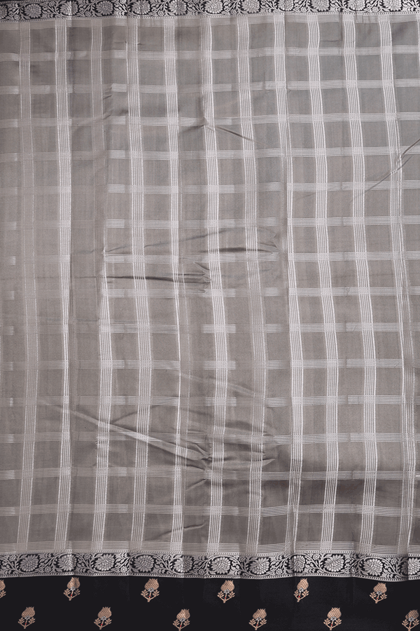 Raw Silk Saree In Cement Grey With Allover Checked Design