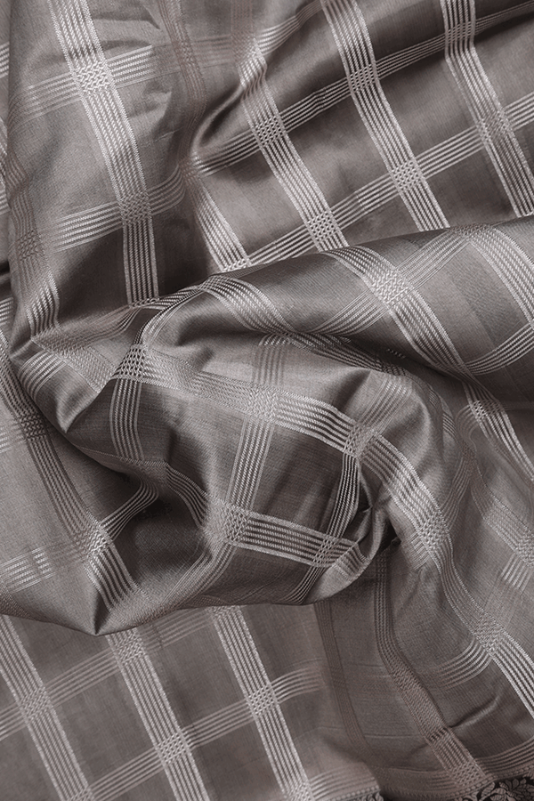 Raw Silk Saree In Cement Grey With Allover Checked Design