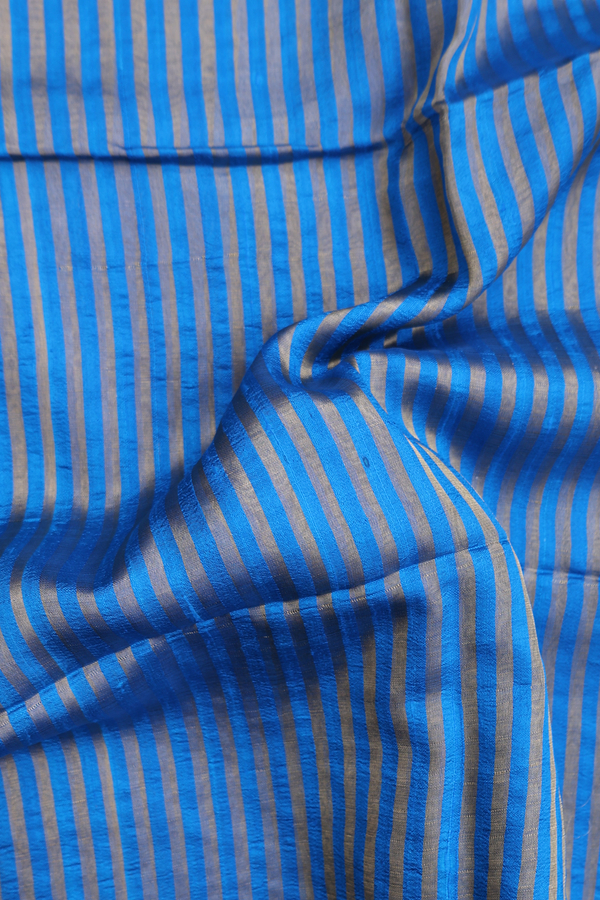 Raw Silk Saree In Cerulean Blue With Stripes Design
