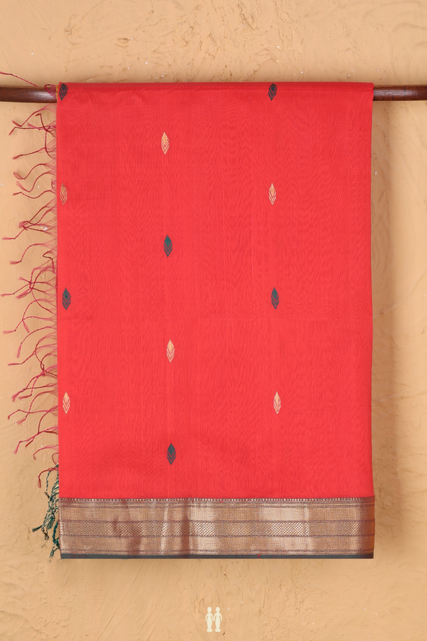 Maheswari Silk Cotton Saree In Chilli Red With Allover Buttas