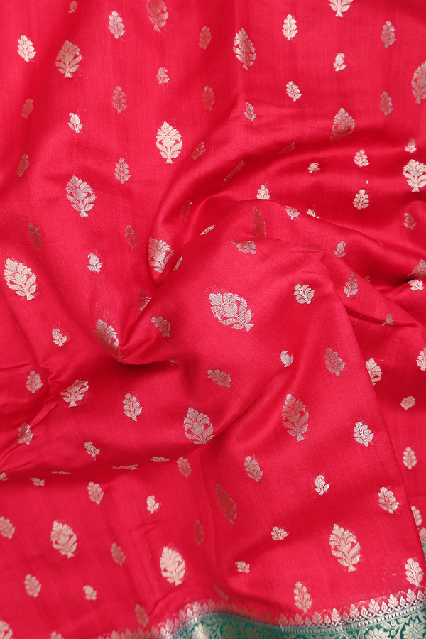 Raw Silk Saree In Chilli Red With Floral Buttas