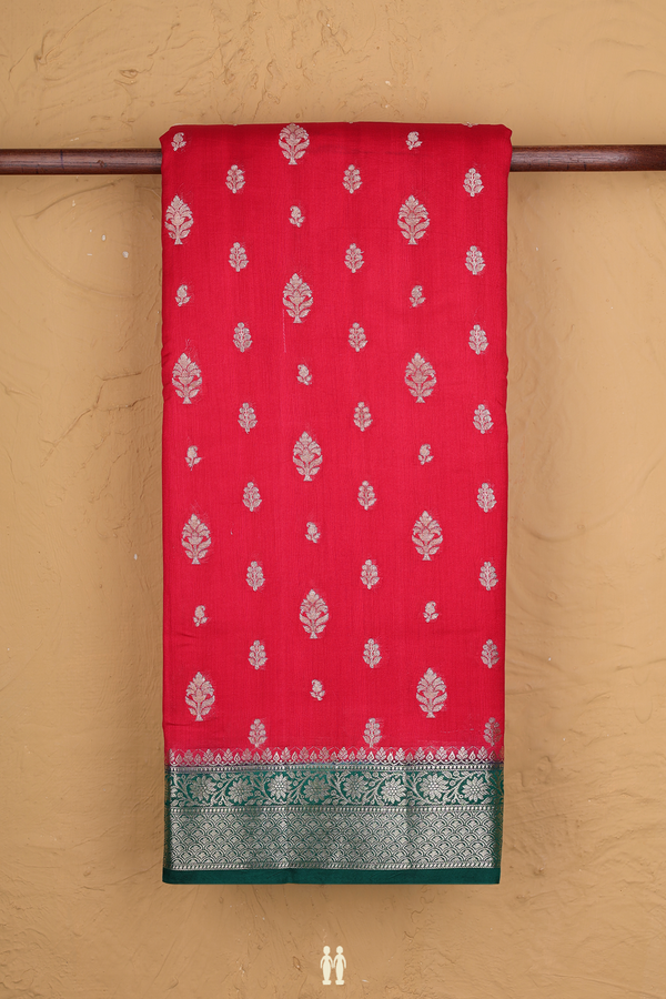 Raw Silk Saree In Chilli Red With Floral Buttas