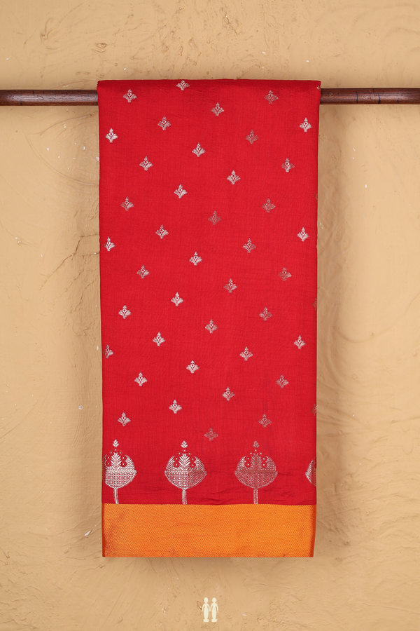 Raw Silk Saree In Chilli Red With Zari Buttas