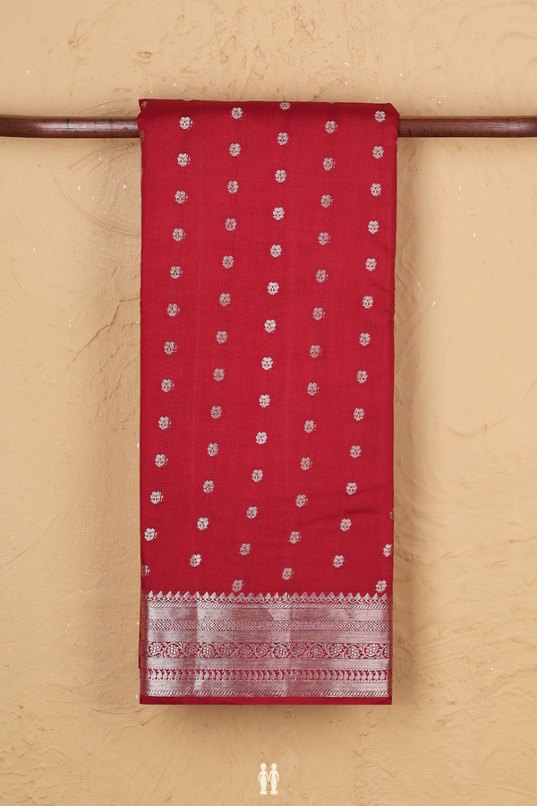 Raw Silk Saree In Crimson Red With Floral Buttas