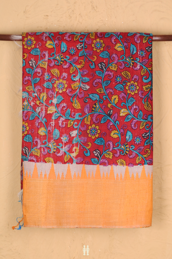 Raw Silk Saree In Crimson Red With Floral Design
