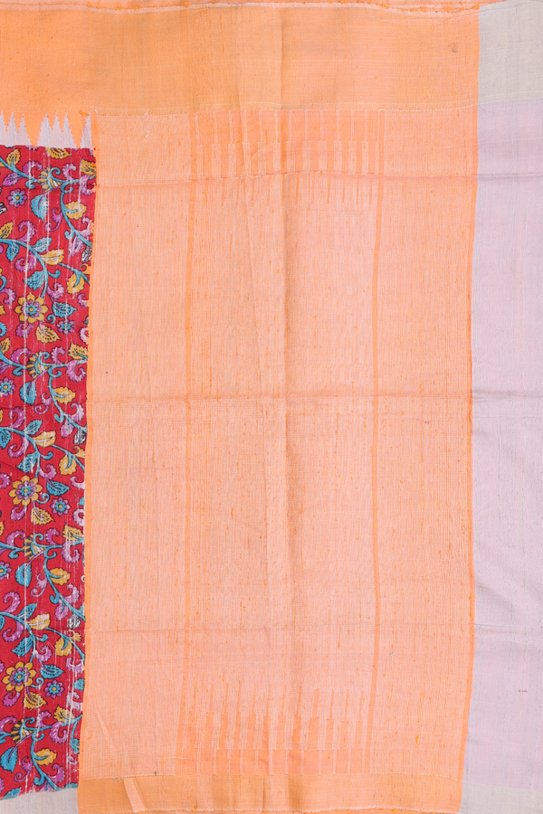 Raw Silk Saree In Crimson Red With Floral Design