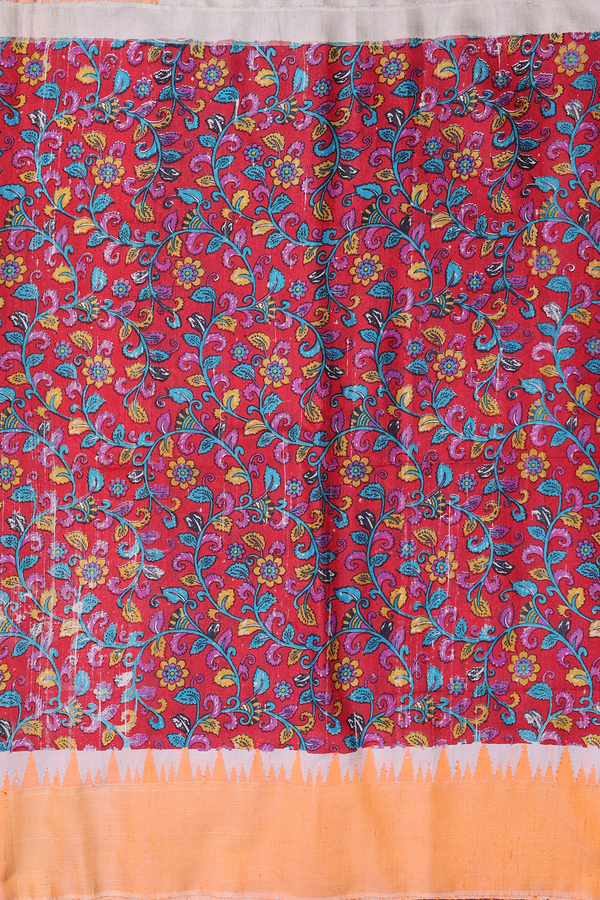 Raw Silk Saree In Crimson Red With Floral Design