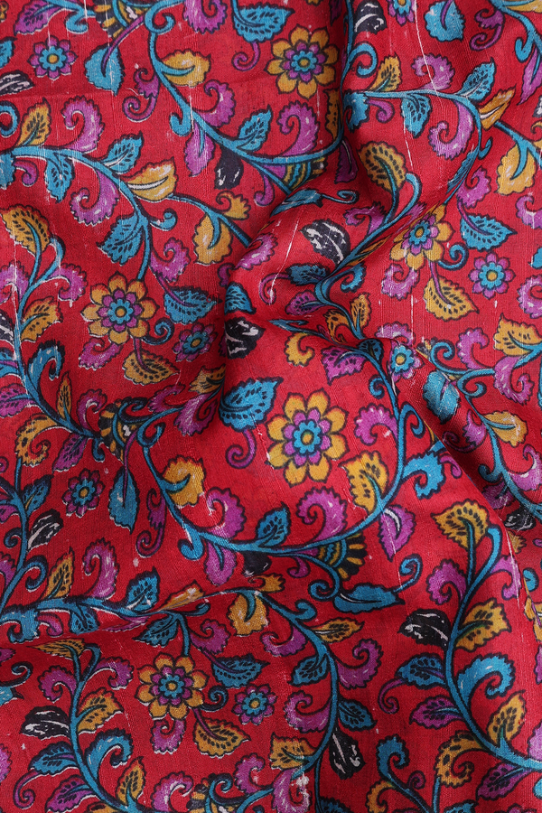 Raw Silk Saree In Crimson Red With Floral Design
