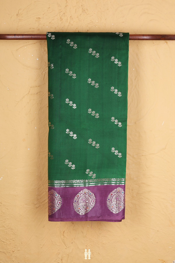 Raw Silk Saree In Leaf Green Floral Buttas