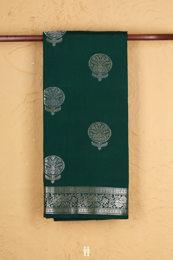 Raw Silk Saree In Dark Green With Floral Design