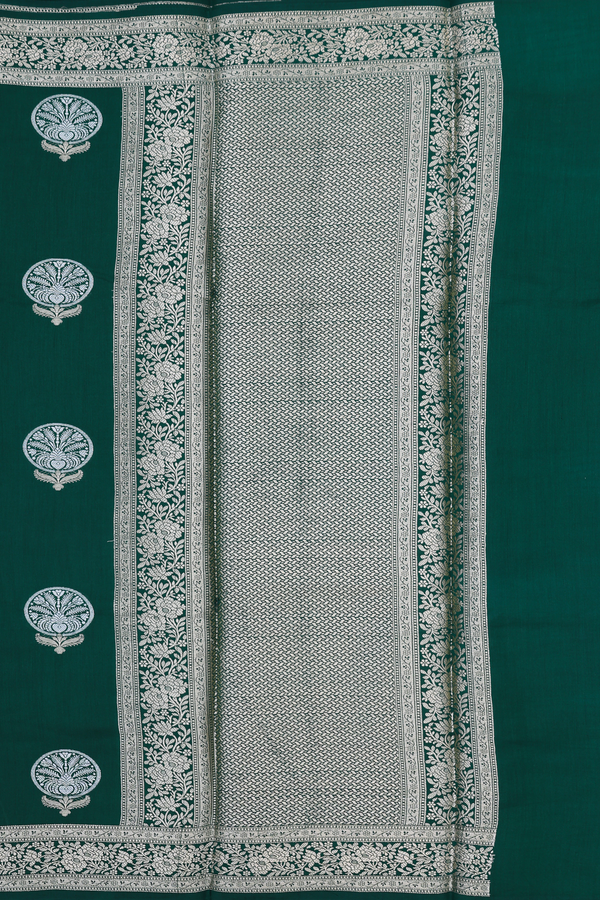 Raw Silk Saree In Dark Green With Floral Design