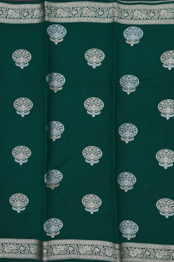 Raw Silk Saree In Dark Green With Floral Design