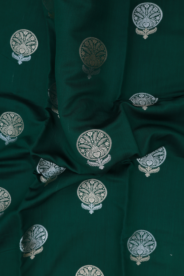 Raw Silk Saree In Dark Green With Floral Design