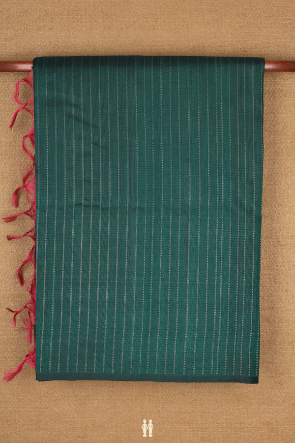 Raw Silk Saree In Dark Green With Stripes Design