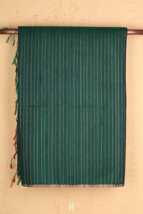 Raw Silk Saree In Dark Green With Stripes Design