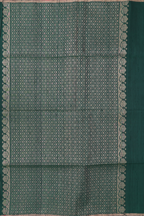 Raw Silk Saree In Dark Green With Stripes Design