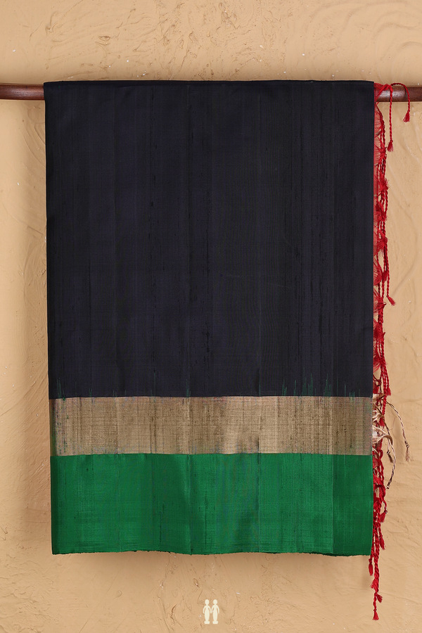 Raw Silk Saree In Dark Navy Blue With Ganga Jamuna Border