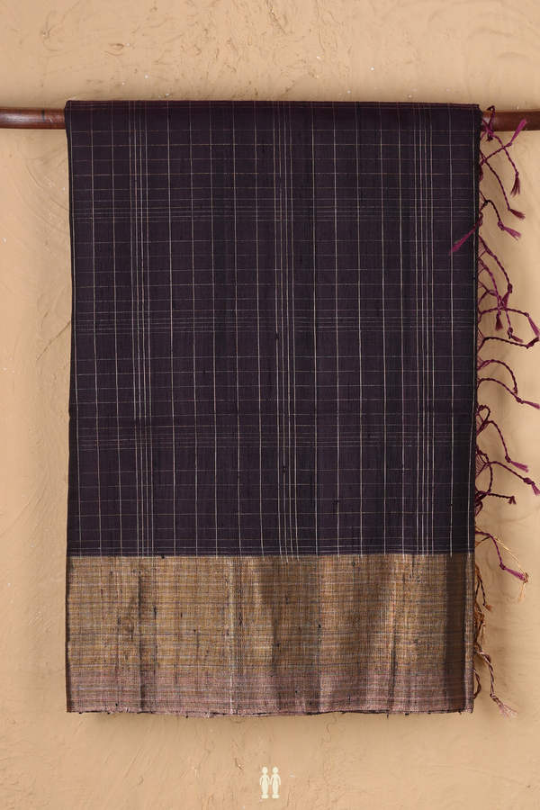 Raw Silk Saree In Dark Oak Brown With Checks Design