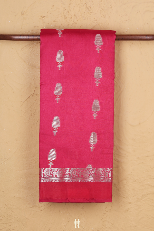Raw Silk Saree In Dark Pink With Floral Motifs