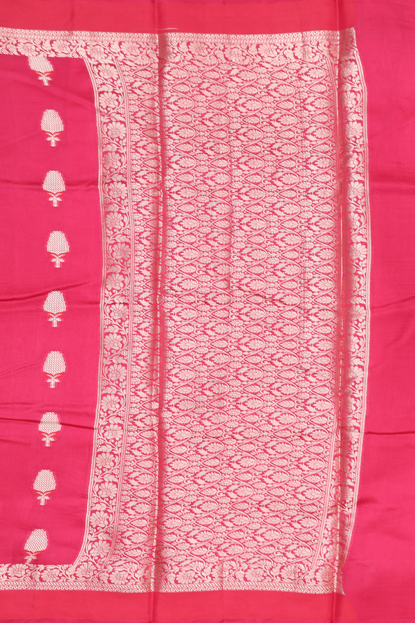 Raw Silk Saree In Dark Pink With Floral Motifs