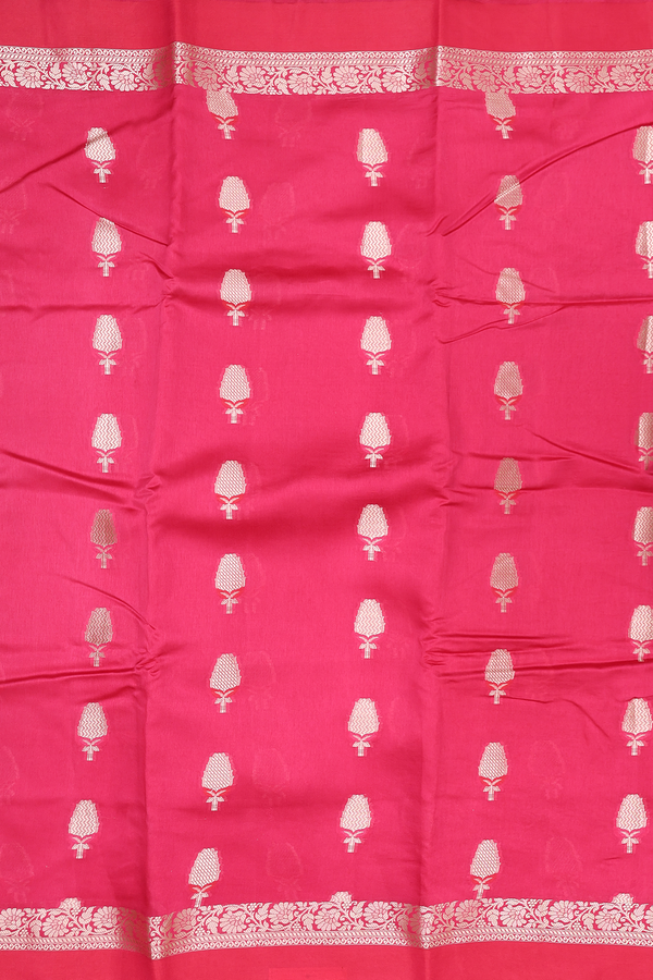 Raw Silk Saree In Dark Pink With Floral Motifs