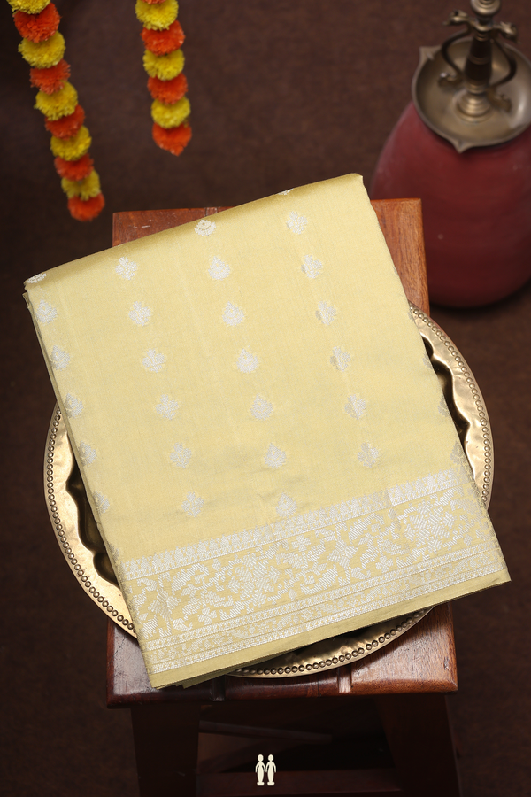 Raw Silk Saree In Dusty Khaki With Zari Buttas