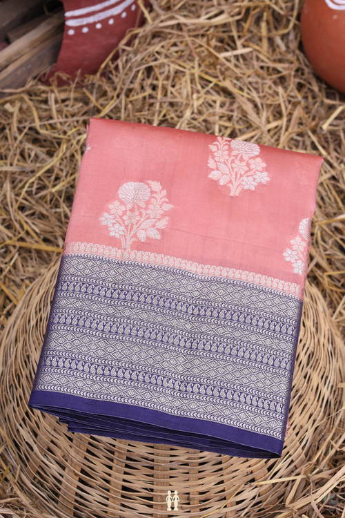 Raw Silk Saree In Dusty Pink With Floral Motifs
