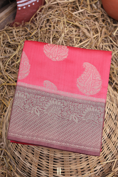 Raw Silk Saree In Dusty Pink With Paisley Motifs