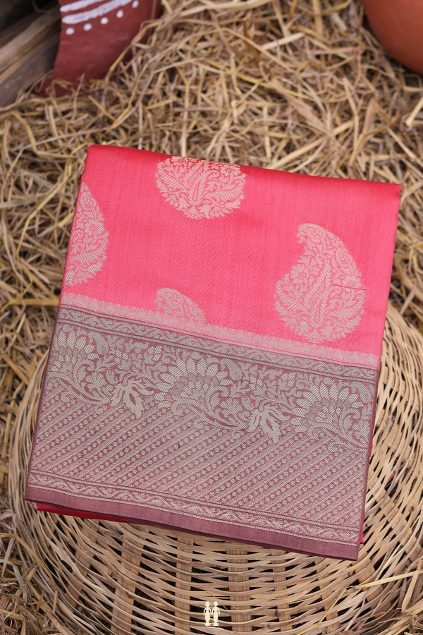 Raw Silk Saree In Dusty Pink With Paisley Motifs