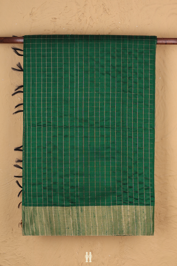 Raw Silk Saree In Emerald Green With Checks Design