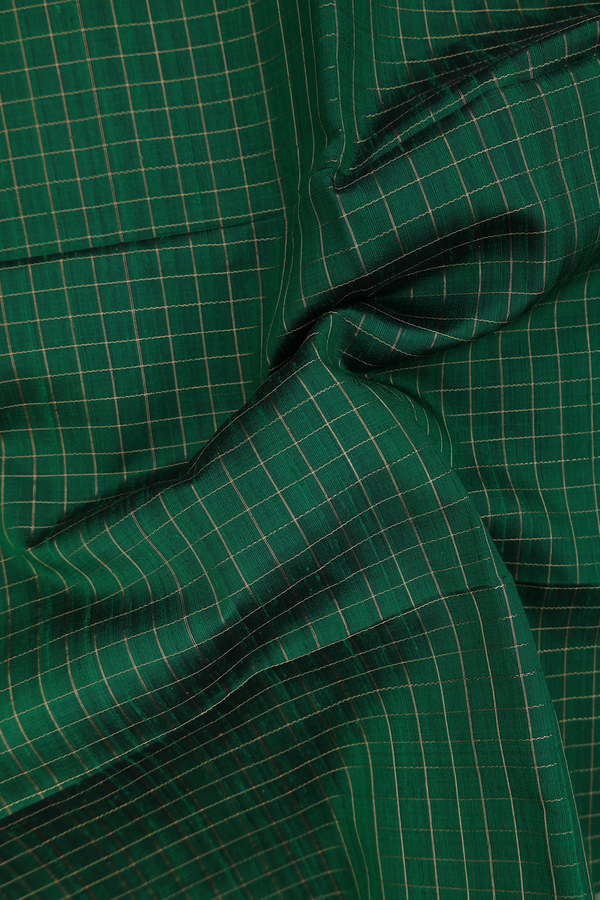 Raw Silk Saree In Emerald Green With Checks Design