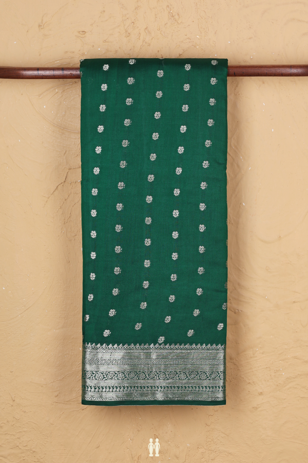Raw Silk Saree In Emerald Green With Floral Buttas