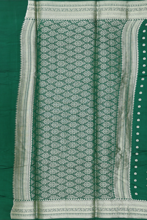 Raw Silk Saree In Emerald Green With Floral Buttas