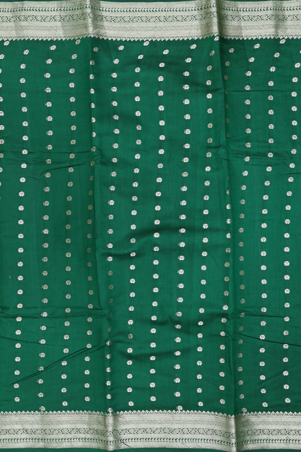 Raw Silk Saree In Emerald Green With Floral Buttas