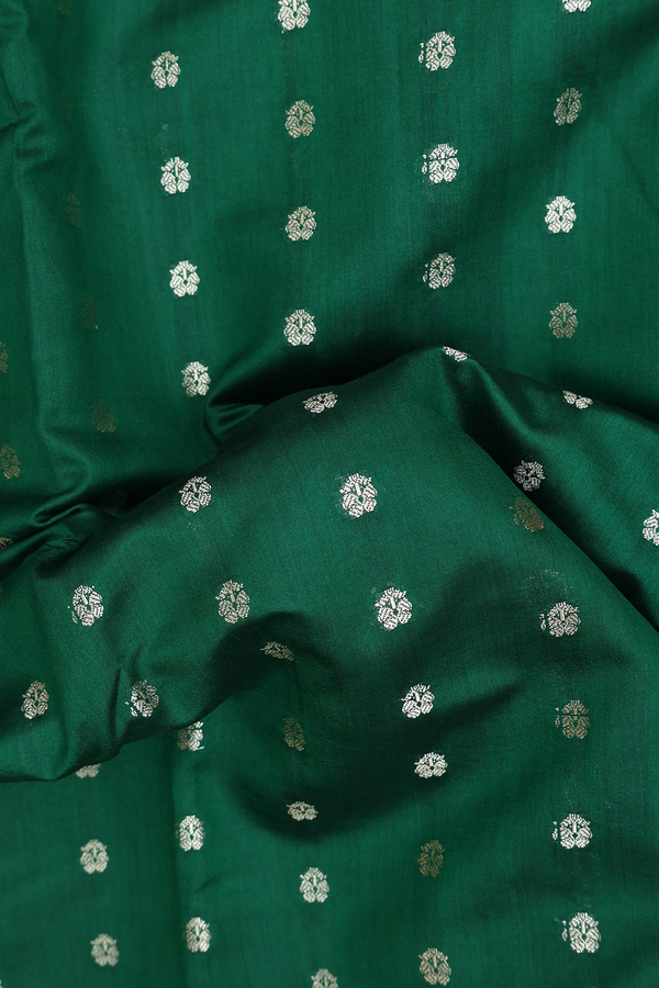 Raw Silk Saree In Emerald Green With Floral Buttas