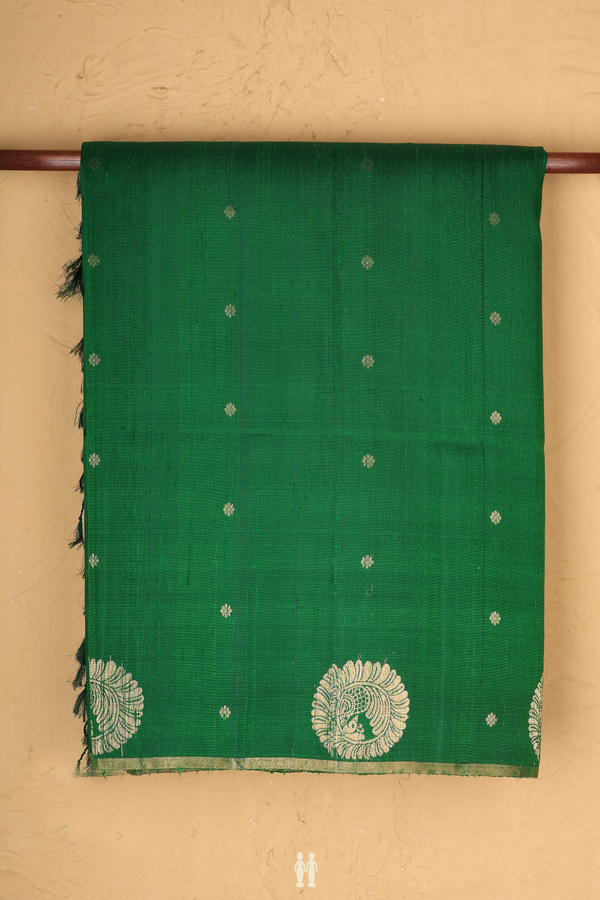 Raw Silk Saree In Emerald Green With Floral Buttis