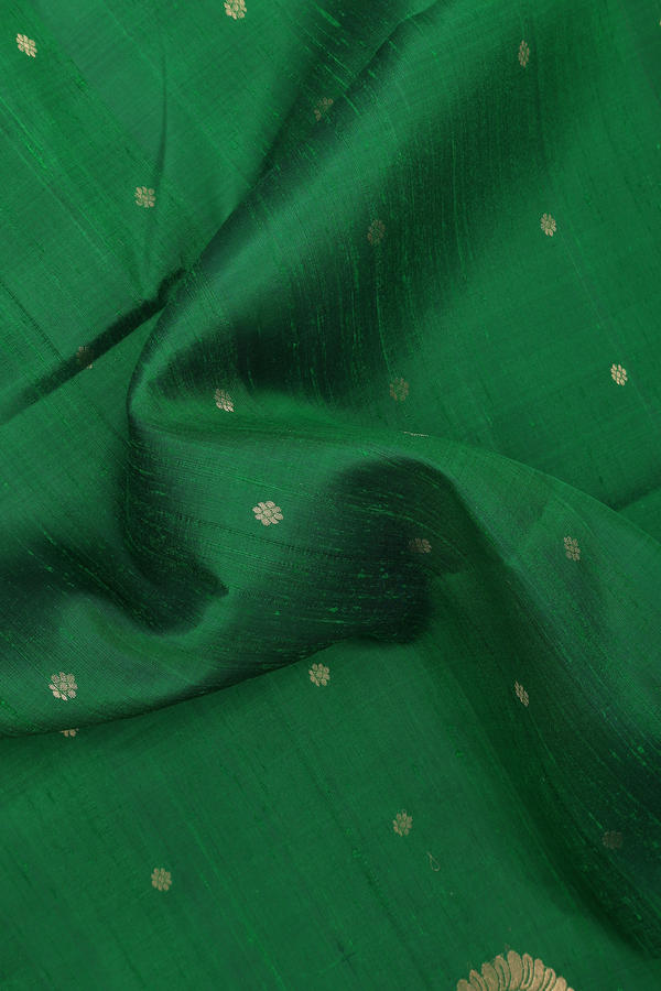 Raw Silk Saree In Emerald Green With Floral Buttis