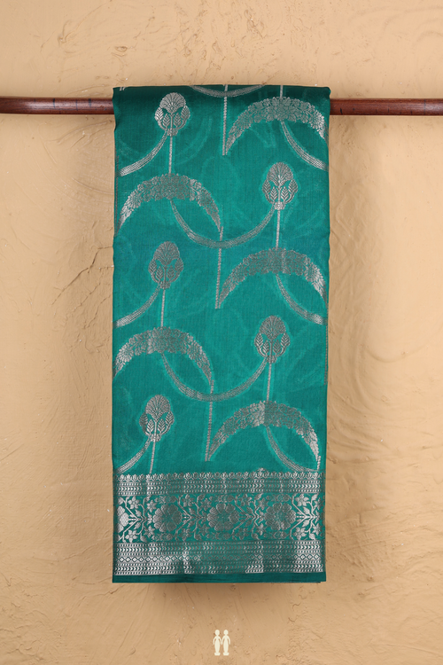 Raw Silk Saree In Emerald Green With Floral Design