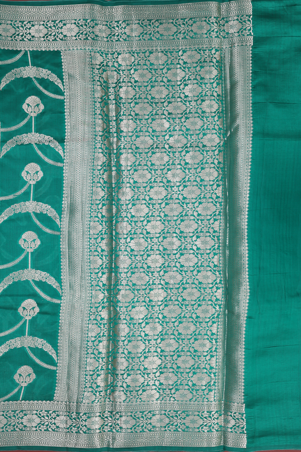 Raw Silk Saree In Emerald Green With Floral Design