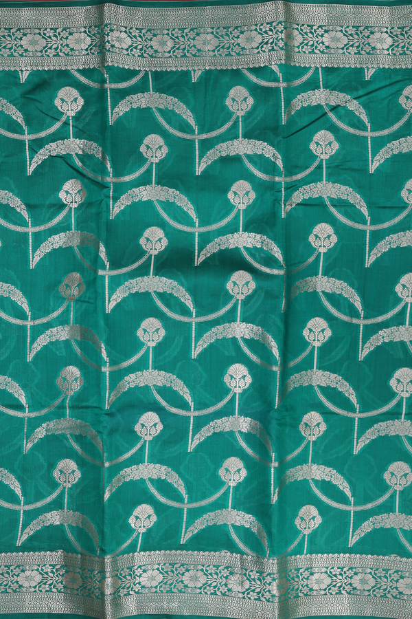 Raw Silk Saree In Emerald Green With Floral Design