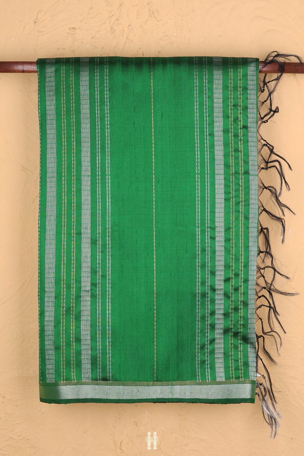 Raw Silk Saree In Emerald Green With Stripes Design