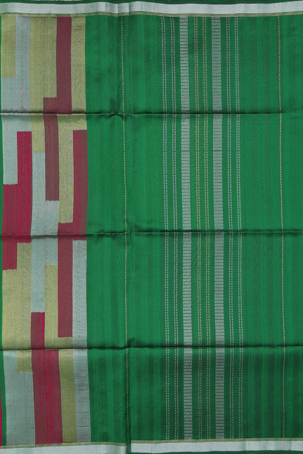 Raw Silk Saree In Emerald Green With Stripes Design