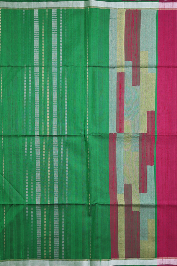 Raw Silk Saree In Emerald Green With Stripes Design