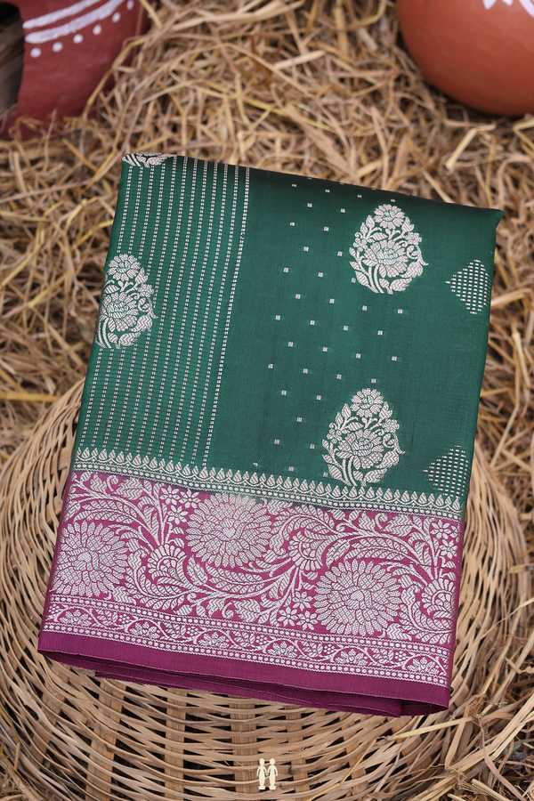 Raw Silk Saree In Forest Green With Allover Design