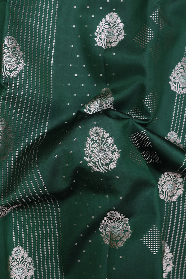 Raw Silk Saree In Forest Green With Allover Design